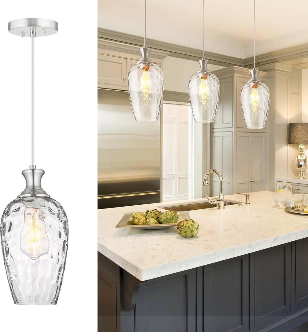 Glass Pendant Lights Kitchen Island, 1-Light Brushed Nickel Pendant Light Fixtures with Hand-Blown Clear Glass, Modern Farmhouse Hanging Light for Kitchen Sink Dining Room Bedroom, E26
