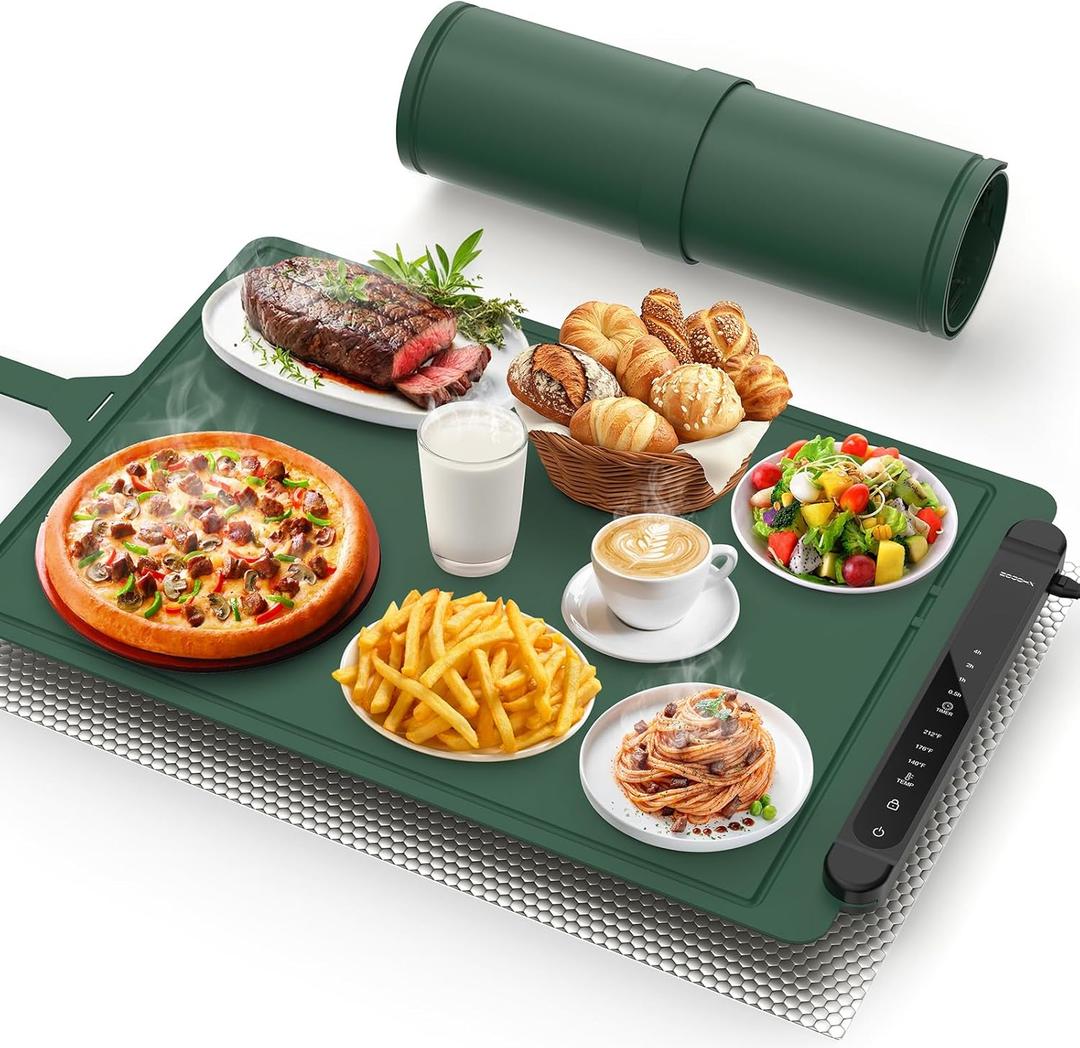 Food Warming Mat Electric Tray: Adjustable Silicone Heating Pad with 3 Temperature Settings 4 Timer Function Portable Roll Up Hot Plate for Buffets Party Gatherings Kitchen Warmer Countertop Green
