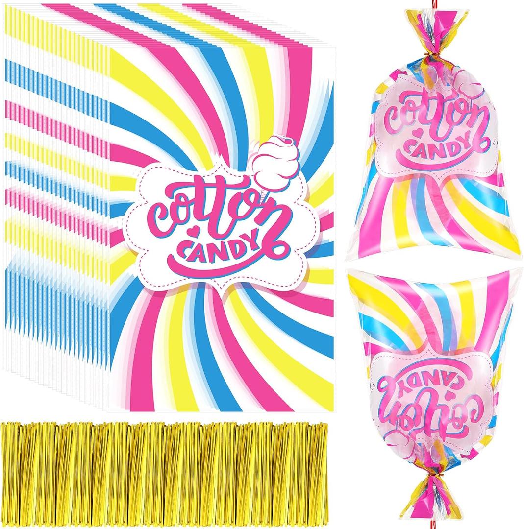 Wesnoy 200 Pcs Carnival Cotton Candy Bags with Ties Large Bags for Cotton Candy with Print for Carnivals Circus Party Favors Supplies 18.5 x 11.5 Inches