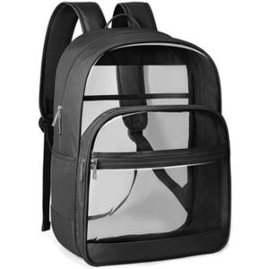 Clear Backpack, Heavy Duty Transparent Bookbag for School, Fabric & PVC Transparent Backpack with Reinforced Strap for Women Men, Capacity Clear Bag for College, Travel, Security, Black (Large)