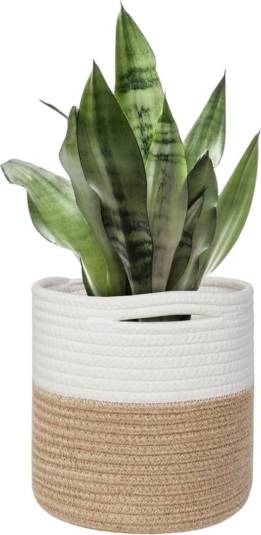 Small Wicker Plant Basket Indoor, 8"x8" Jute Spliced Cotton Rope Basket Planter Up to 7" Pot, Modern Flower Tree Pots Cover, Small Floor Woven Planters, Home Decor Storage Bin (White and Jute)