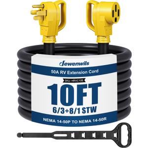 DEWENWILS EV RV Extension Cord 50A 10 Feet, NEMA 14-50P to 14-50R Copper Wire, 125/250VAC 12500W Heavy Duty EV Power Cord, STW Outdoor Waterproof Power Cable, for RV, Camper, ETL Listed, Yellow