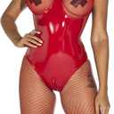 FEOYA Womens Catsuit Patent Leather Bodysuit Zipper Crotch Shinny Teddy One Piece Metallic Unitard Leotard  (Small, Red)