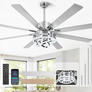 72" Ceilling Fans with Lights, Chandelier Fan Modern DC Motor Dimmable Led Fandelier Ceiling Fan with Light for Bedroom, Living Room, Indoor/Outdoor, Silver