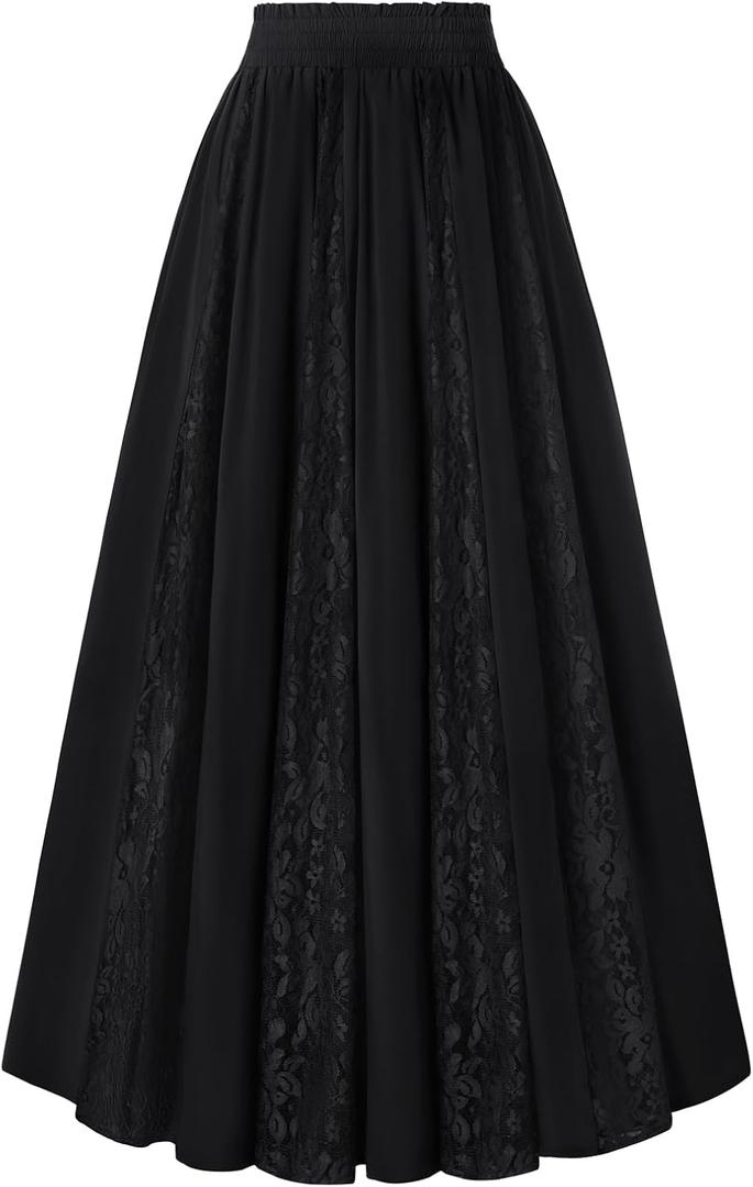 Scarlet Darkness Maxi Skirt for Women Boho Lace Flowy Long Renaissance Skirts with Pockets (S)