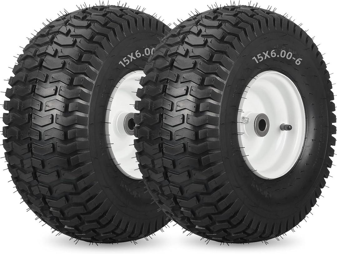 15x6.00-6 Rubber Lawn Mower Tire and Wheel, 2 Pcs Replacement 15x6-6nhs Riding Mowers Lawn Tire and Wheel with 3/4" Bushing, 3" Centered Hub