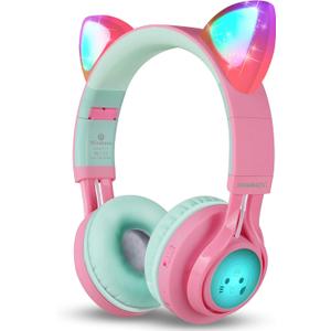 Riwbox CT-7 Cat Ear Bluetooth Headphones, LED Light Up Bluetooth Wireless Over Ear Headphones with Microphone and Volume Control for Travel/School/Smartphones/Laptop/PC/TV (Pink&Green)