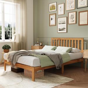 Novilla Queen Bed Frame with Headboard, Solid Wood Bed Frame Foundation with Wood Slat Support, No Box Spring Needed, Easy Assembly, Oak