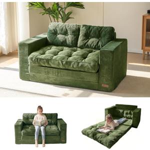 MAXYOYO Convertible Sofa Bed, Pull Out Loveseat Sleeper Sofa, 2 in 1 Folding Couch Bed, Fold Out Floor Couch with Pillows for Living Room Bedroom Lounge, Dark Green