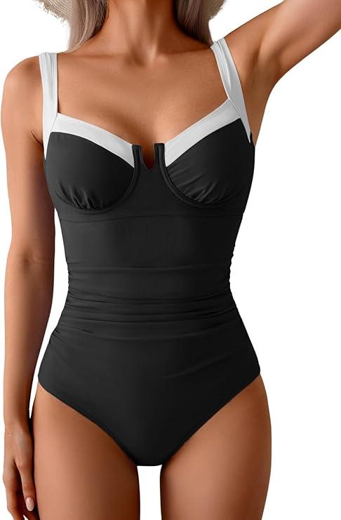 B2prity Women's Underwire One Piece Swimsuits Tummy Control Bathing Suits Push Up Swim Suit Color Block Swimwear (Large, Black, White)