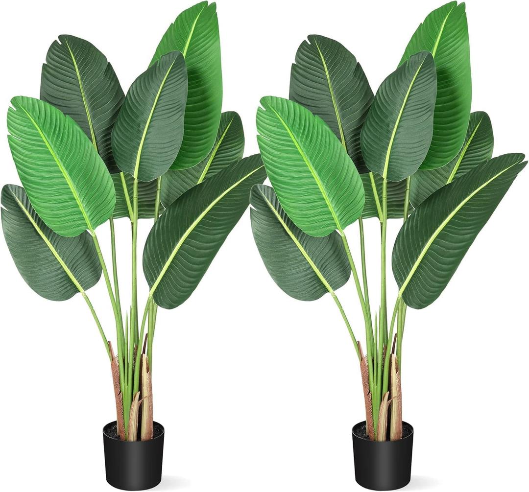 GarveeHome 48 ins Artificial Tree Bird of Paradise Artificial Plant with 8 Trunks Fake Tree - 2PCS 4 ft Faux Plants Fake Banana Tree Plant with Pot Artificial Trees for Home Decor Indoor Outdoor (Green)
