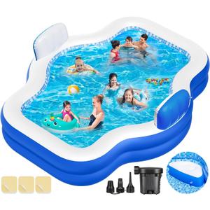 Inflatable Swimming Pool for Kids Adults, 121" X 90" X 22" Kiddie Pools Blow-Up Pool Oversized Thickened Family with Pump Seat, Inflatable Pools for Garden, Backyard, Indoor Outdoor Water Party