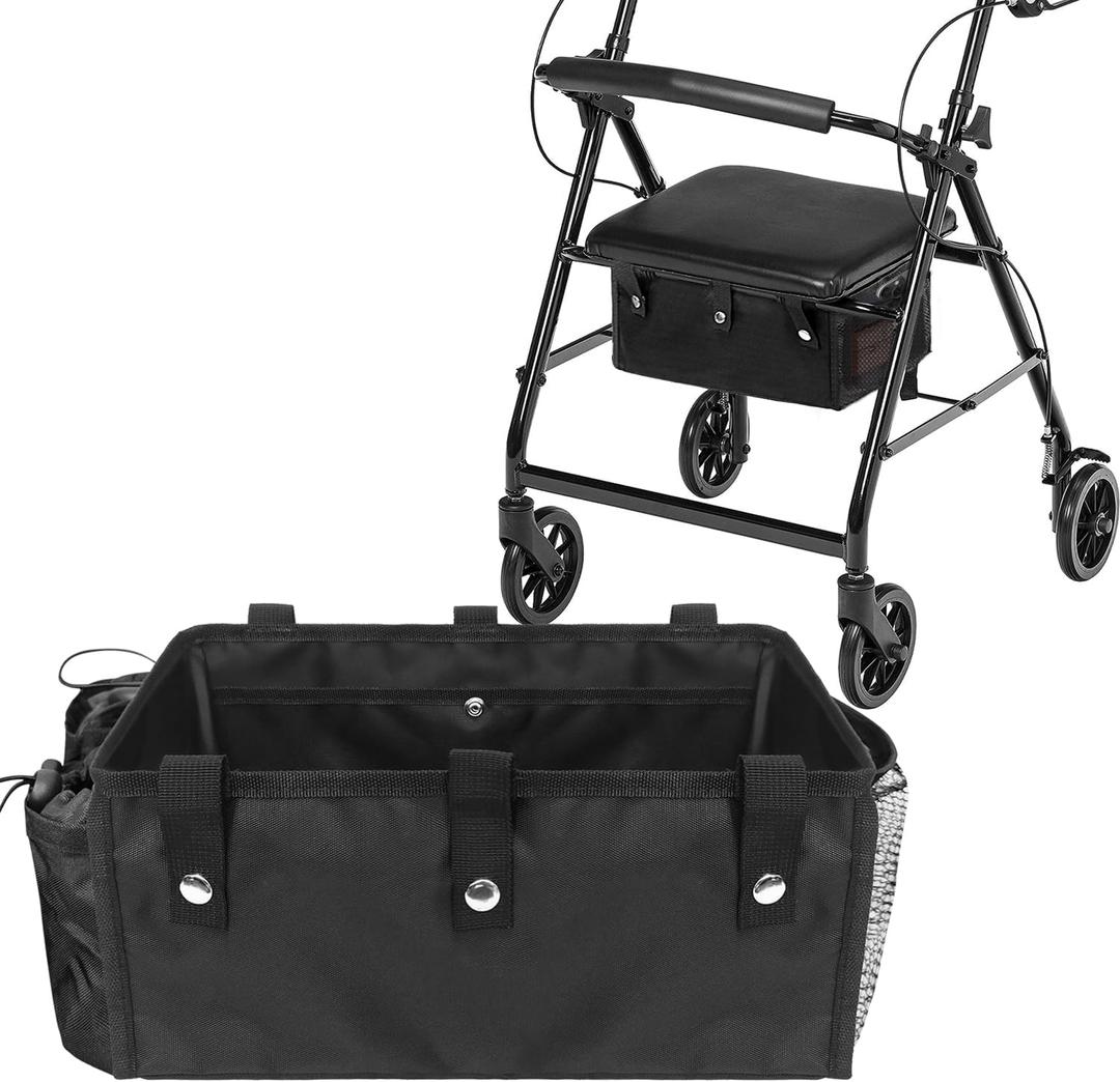 Upgraded Under Seat Rollator Bags with Cup Holders, Four Wheel Drive Walker Basket, Reusable Walker Bags for Rolling Walker, Rollator Basket Accessory for Seniors Storage Ipad & Essential (Upgraded Version (with side pocket) 1 Pcs)