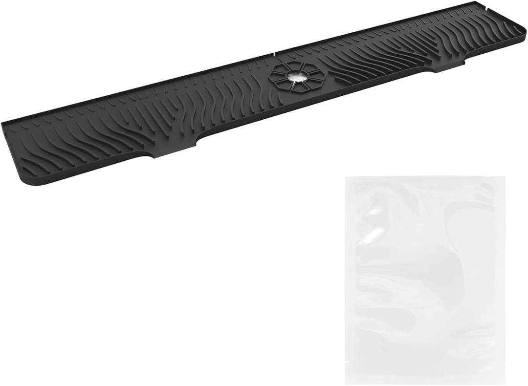 Draining Mat, Black Silicone, Kitchen Sink Splash Guard with Non-Slip and Central Drain Hole, 33 in Length