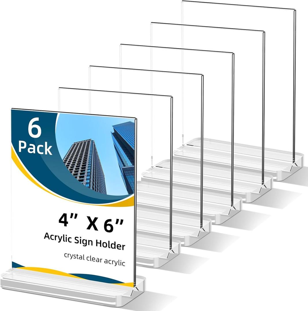 Acrylic Sign Holder 4 x 6 Double Side Clear Display Stand Thickened and Widened Base T Shape Table Acrylic Paper Stands for Home Wedding Office School Restaurant (6 Pack)