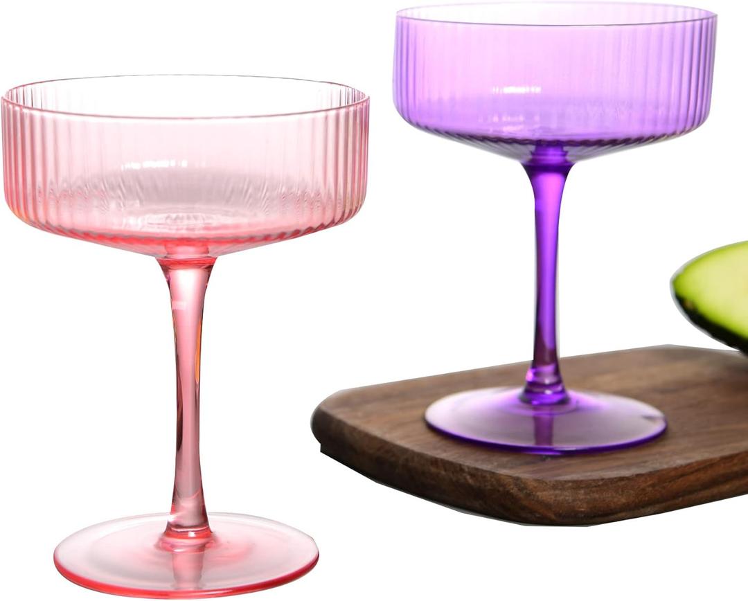 2 Pcs Ribbed Coupe Glasses, 10 oz Vintage Cocktail Coupe Glasses Set, Classic Cocktail Galssware, Bar Drinking Glasses Set Pefect , Wine, Champagne & Gift (PINK&PURPLE)