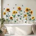 Watercolor Sunflower Wall Sticker Peel and Stick Flower Butterfly Wall Decal Vintage Floral Plant Wall Art Mural Green Leaf Wall Stickers for Living Room Bedroom Decor (Yellow)