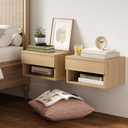 Nathan James Jackson Wall Mounted Floating Bedroom Nightstand with Storage Drawer and Modern Open Shelf Cubby Set of 2, Light Oak Wood