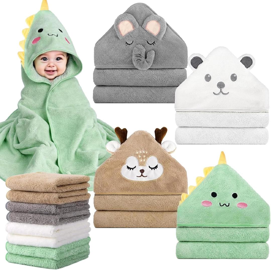 CandyHome 12 PCS Baby Bath Towels Set for Infants Toddlers, 4 PCS Animal Hooded Baby Towels & 8 PCS Washcloths Set, Ultra Absorbent Cute Soft Newborn Bath Essentials Gifts for Boys & Girls (Green, Grey, Brown, White)
