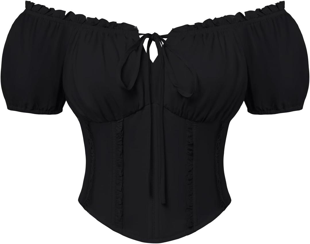 Scarlet Darkness Renaissance Shirt Women Short Sleeve Corset Tops Peasant Blouses (Medium, Black)