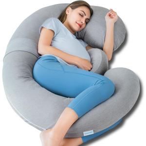 QUEEN ROSE Pregnancy Pillow, E Shaped Body Pillows for Sleeping Support, 60 Inch Maternity Pillow for Pregnant Women with Cooling Silky Cover, Grey