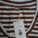 Womens Short Sleeve Striped Shirts Summer Casual Scoop Neck Oversized Tshirts Color Block Basic Tee (Small, White and Brown)