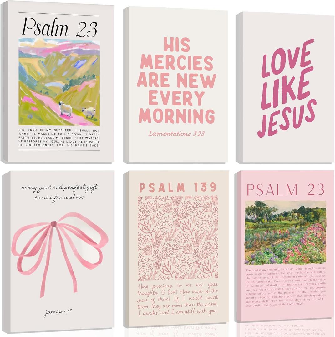 6Pcs Christian Canvas Wall Art Pink Bible Verse Bow Paintings Cute Preppy Posters Coquette Aesthetic Prints Trendy Scripture Jesus Picture Wall Decor for Bedrooms living Room Dorm Framed (8x10 in Wrapped Canvas)