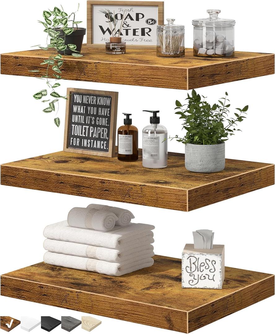 QEEIG 10" Deep Floating Shelves for Wall - 10 x 16 inch Book Shelf Bathroom Bedroom Kitchen Living Room Hanging Bookshelf Farmhouse Set of 3, Rustic Brown (025-40BN3)
