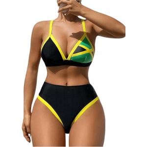 GORGLITTER Women's Triangle Jamaica Swimsuits Color Block High Waisted Bikini High Cut Thong Bathing Suit (Black, S)