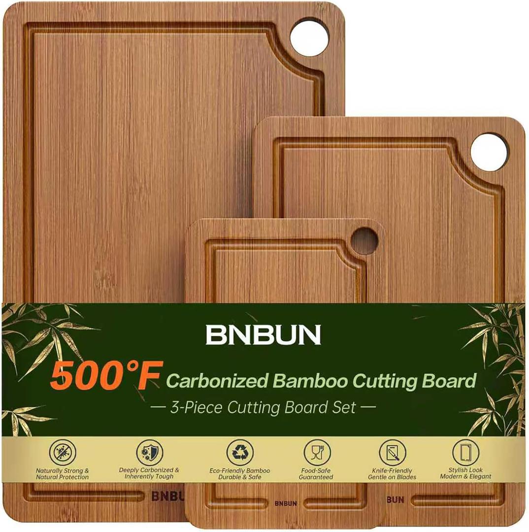 Bamboo Cutting Board for Kitchen  3-Piece Wooden Boards with Juice Grooves, Side Handles, Non-Slip Mats  Perfect for Meat, Veggies, Fruit  Ideal Kitchen Gift