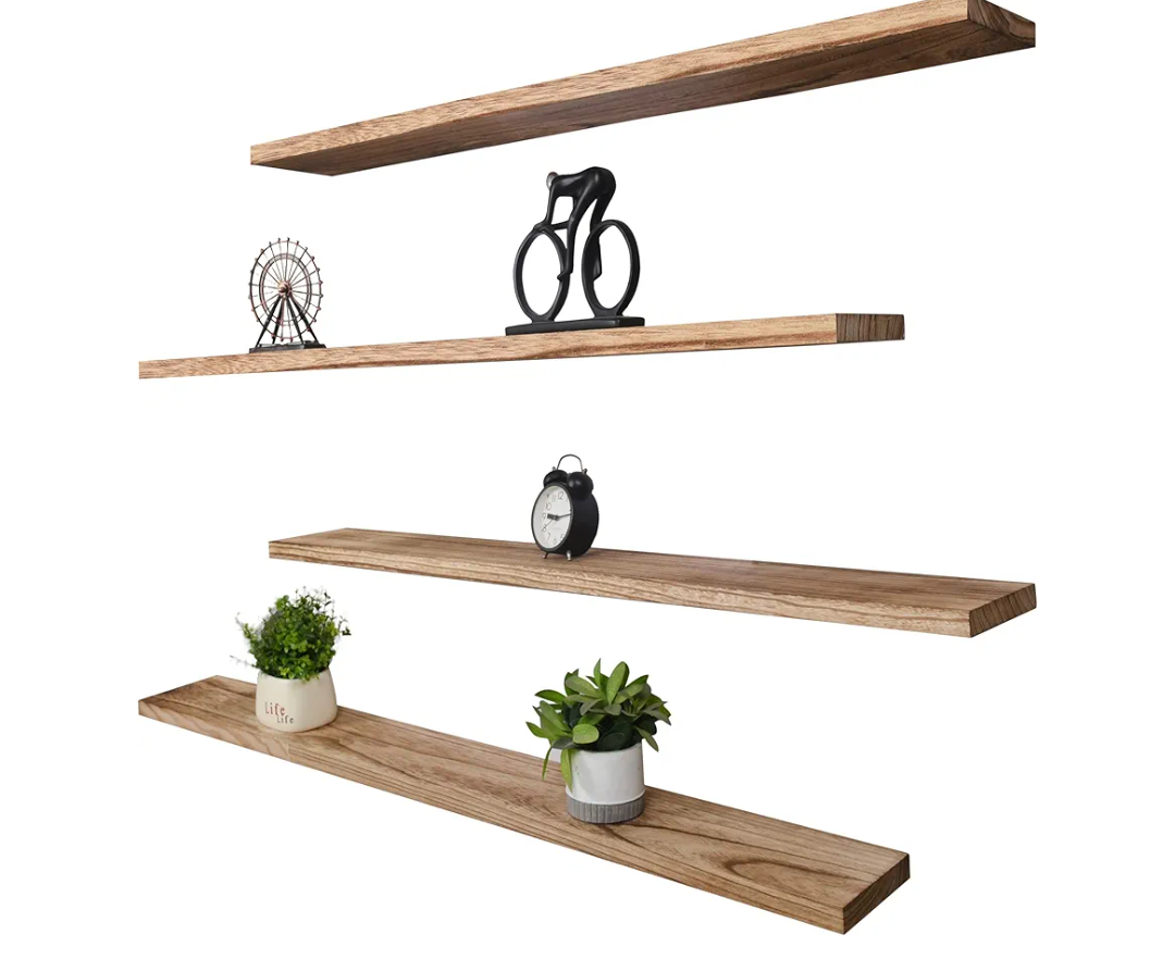 Wood Floating Shelves for Wall, Wooden Wall Shelves for Bedroom, Mounted Shelves for Living Room, Set of 4 Light Brown 48 Inch