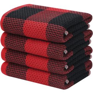 Homaxy 100% Cotton Waffle Weave Check Plaid Kitchen Towels, 13 x 28 Inches, Super Soft and Absorbent Dish Towels for Drying Dishes, 4-Pack, Black & Red