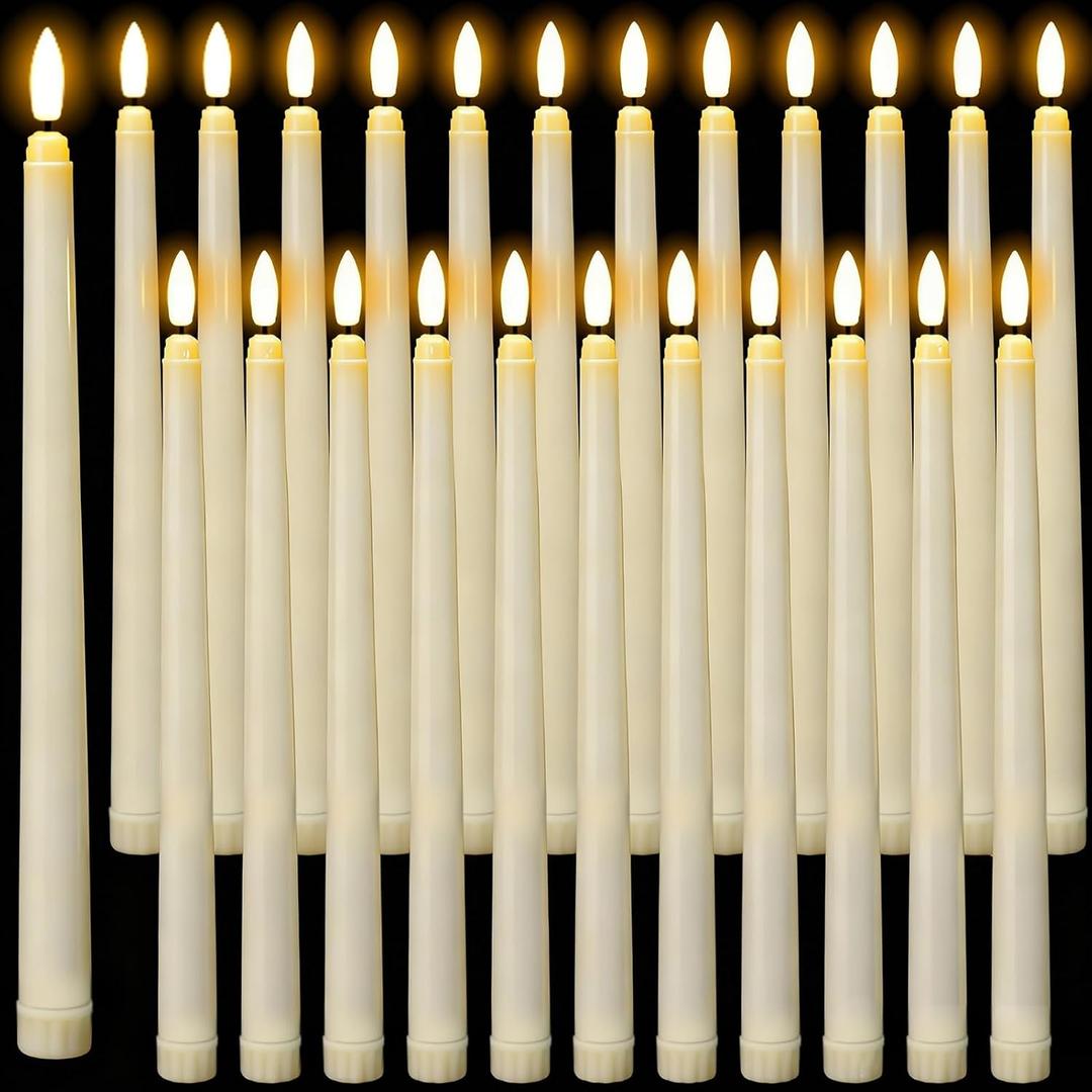 24 Pack Flameless Taper Candles, No Remote, Realistic Flickering Battery Operated Candlesticks, Ivory LED Plastic Candles Safe for Weddings, Table Decor, Christmas and Halloween Decoration