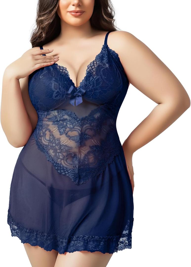 Plus Size Lingerie for Women Lace Chemise Sexy Mesh Chemise Teddy Babydoll Lingerie Exotic V Neck Sleepwear (XXXL)