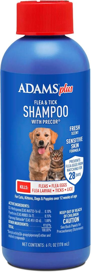 ADAMS Plus Flea & Tick Shampoo with Precor for Dogs, Cats, Puppies & Kittens, Flea Shampoo to Treat Flea Infestations, Kills Ticks, Fleas, Flea Eggs & Lice, Cleans and Conditions Coat, 6 Ounces