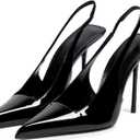 Slingback Heels for Women Pointed Toe Stiletto High Heels Stretch Slip on Backless Patent Leather Fashion Comfortable Dress Pumps Shoes (7, Black)