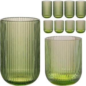 Set of 8 Ribbed Glassware,4 Highball Glasses 14oz & 4 Rocks Drinking Glasses 9oz, Green, Origami Style, Fluted Design, for Milk, Water, Cocktail, Juice, Beer, ToothBrush Cup, Gift