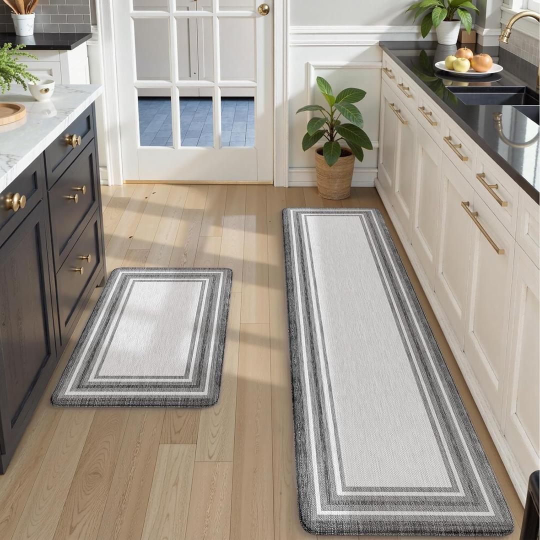 KIMODE Anti Fatigue Kitchen Mats for Floor 2 Piece, Cushioned Farmhouse Kitchen Rugs, Non Slip Kitchen Floor Mats, Comfort Foam Standing Desk Mats for Laundry Office Sink Grey 20"x71"+20"x32"
