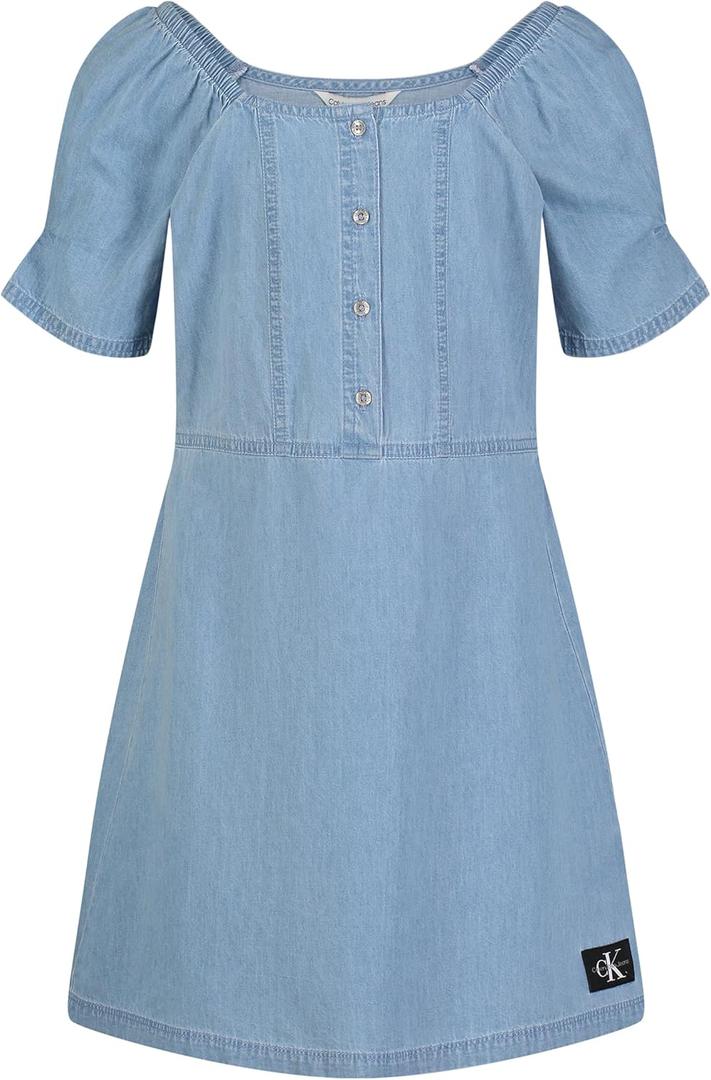 Calvin Klein Girls' Short Sleeve Chambray Denim Shirt Dress (7, Chambray/Square Neck)
