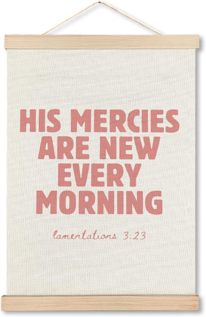 MHJFERGV Pink Christian Wall Art Poster, His Mercies Are New Every Morning Bible Verse Scripture Canvas Wall Decor for Girls Bedroom Church Prayer Room, 12x16 Inches