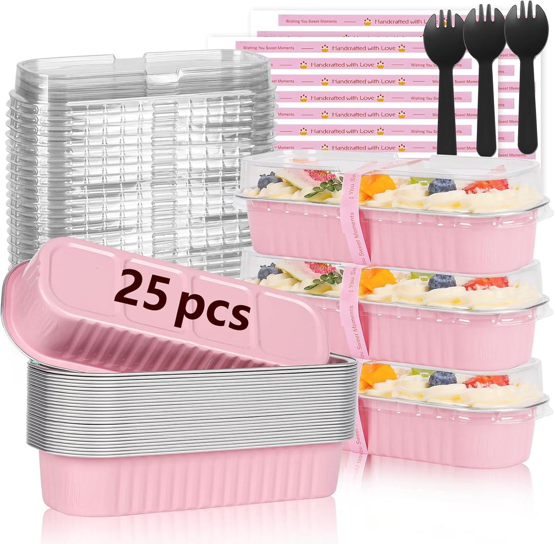 YQER 25 Pack Mini Loaf Pans with Lids and Spoons Sealing Sticker, 6.8oz Mini Cake Pans for Baking, Disposable Aluminum Foil Loaf Pans, Pink Loaf Baking Pans, Small Cake Containers With Lids