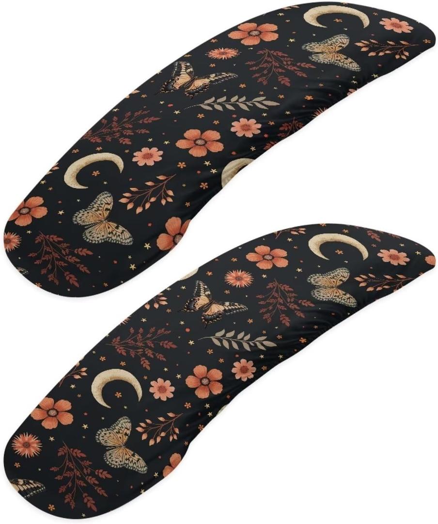 2 Piece Chair Armrest Slipcovers, Moon Butterfly Floral Print Office Chair Arm Covers Washable, Skin Friendly Stretchy Office Chair Armrest Covers
