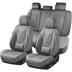 Coverado Car Seat Covers Full Set, 5 Piece Car Seat Protector with Lumbar Support & Removable Headrest, Breathable Leather Front Rear Seat Cushion Universal Fit for Truck Automotive Gray