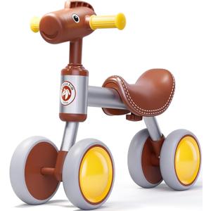 PerKidern Baby Balance Bike for 1-2 Year Old Boy Girl, Balance Bike for 12-24 Months 4 Wheels Toddler Balance Bike, Baby Bike 1+ Years Toy First Birthday Gifts (brown)