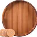 Large Round Wood Serving Tray, Wooden Trays with Handles for Ottoman Table, Vintage Acacia Tray Circle Wood Tray for Indoor Outdoor Organization and Decoration, Including 4 Round Wooden Coasters