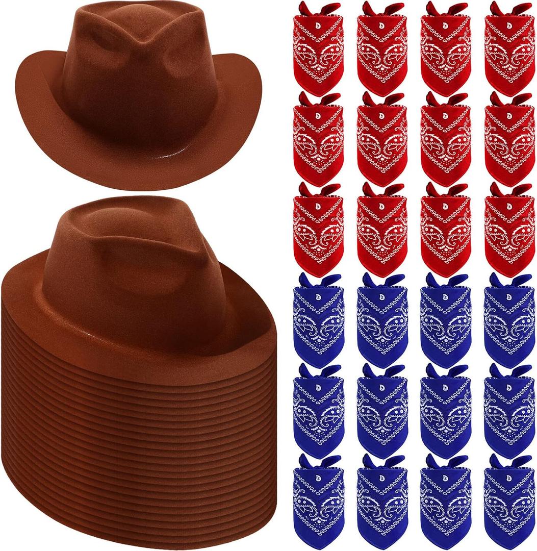 Hillban 48 Pack Cowboy Hat and Bandana Set, Cowgirl Hats for Boys Girls Felt Cowboy Party Hat Western Bandanas for Party (Brown, Red, Navy Blue)