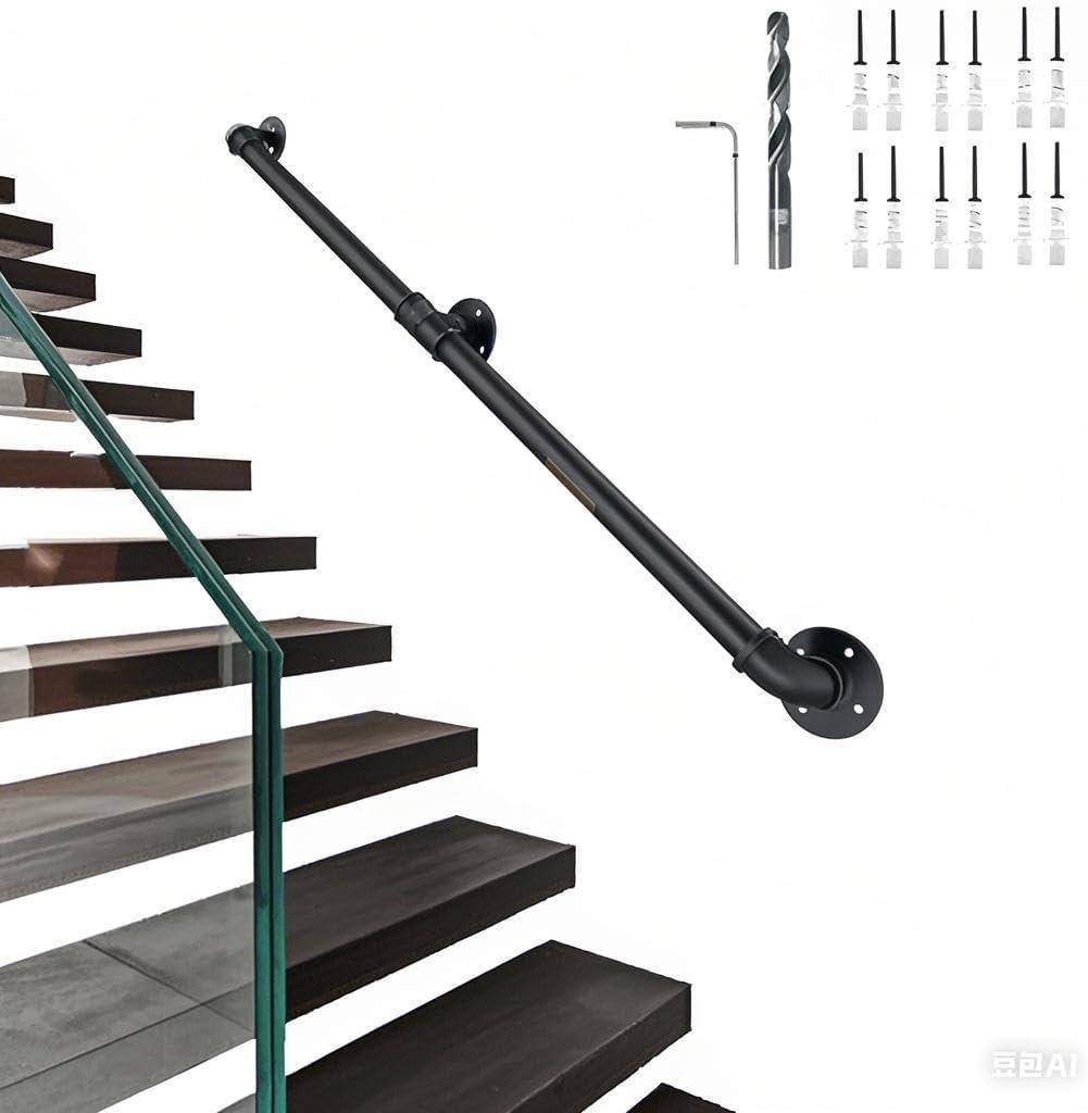 Handrail Wall, Stair Railing Indoor, 6FT Pipe Railing, Metal Staircase Handrail, Black handrails for Indoor & Outdoor Stairs, Grab Bars for Wall, Steps Baluster