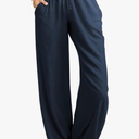 keriffe Women's Summer Casual Pants Loose Fit Beach Pants High Waist Drawstring Wide Straight Leg Palazzo Trousers Pockets Navy Blue, M