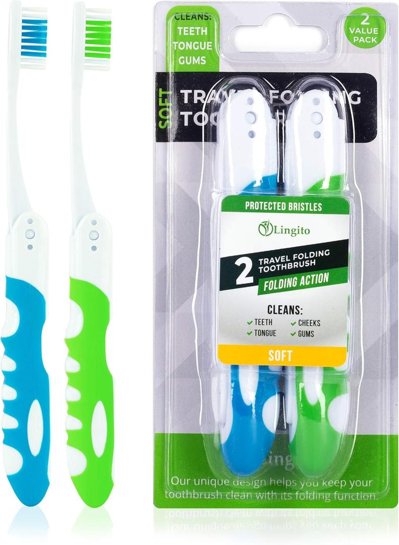 Blue-Green Travel Toothbrush Kit (2 Pack-Soft) - Portable, Folding, Collapsible, Built-in Cover, Perfect for Hiking, Camping, and Traveling