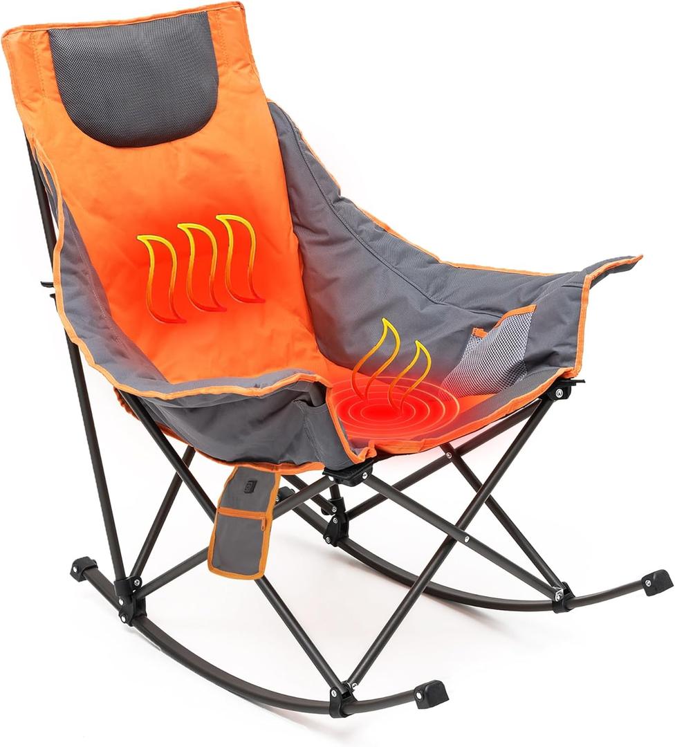 SUNNYFEEL Oversized Heated Camping Chair, Folding Rocking Camping Chairs with Luxury Padded Recliner, Carry Bag, 500 LBS Heavy Duty for Lawn/Outdoor/Picnic/Patio, Portable Rocker Camp Chair (1 PC, Heated Orange)